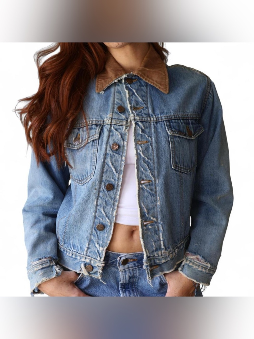 Classic Blue Denim Jean Jacket with Brown Corduroy Collar - Picture 6 of 8